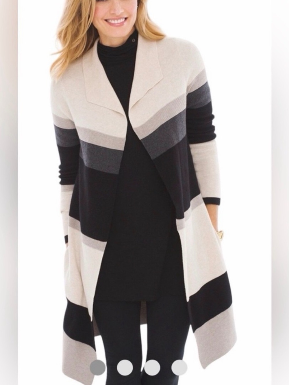 Zenergy by Chicos Open-Front Striped Drape Cardigan in Black and Cream